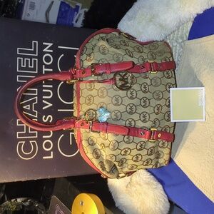 Michael Kors Bedford Bowling Bag Tan Canvas/Red Leather Trim Satchel $55 WOW